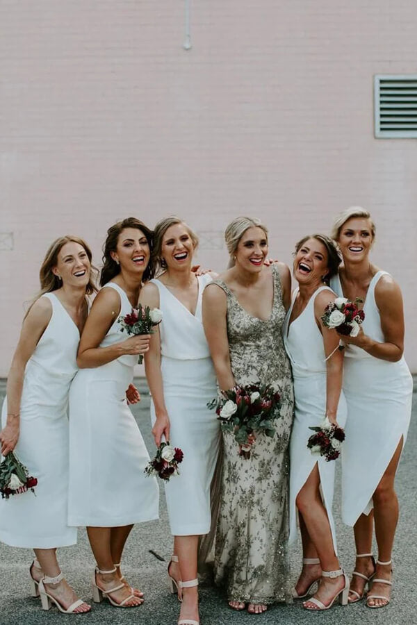 Satin Sheath V-neck Tea-Length Bridesmaid Dresses With Slit, MBD195 | bridesmaid dresses online | junior bridesmaid dress | wedding guest dresses | musebridals.com
