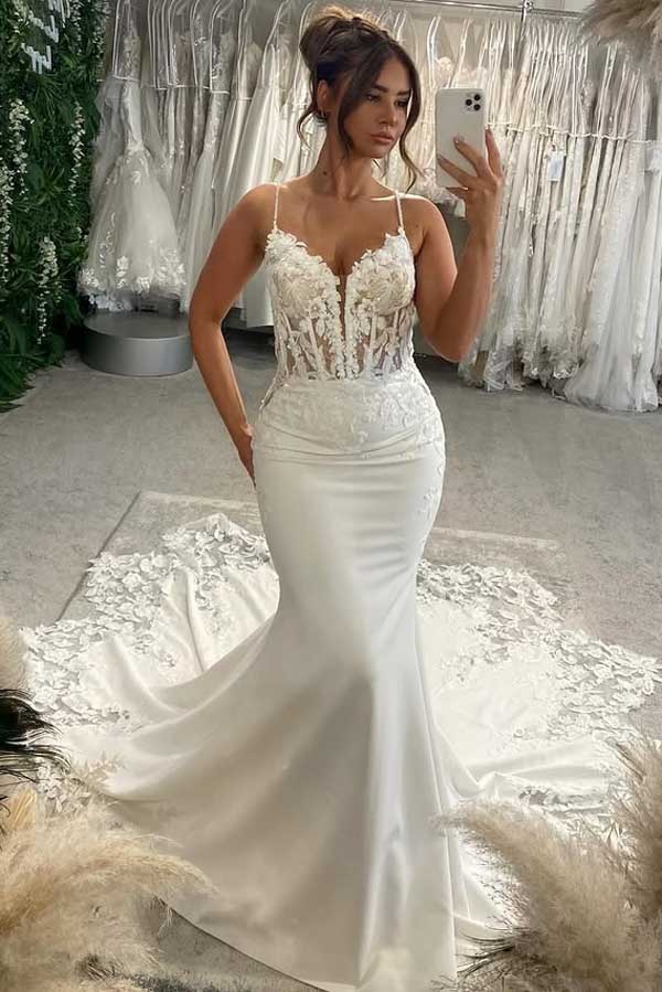 Satin Mermaid V Neck Spaghetti Straps Wedding Dresses With Lace Appliques, MW1238 | cheap lace wedding dress | wedding gown | boho wedding dress | musebridals.com