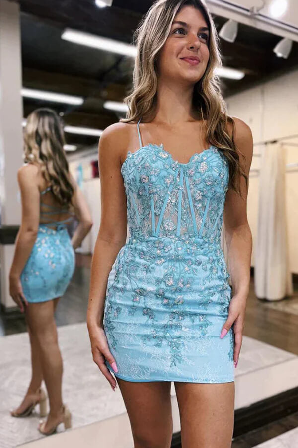 Sheath Spaghetti Straps Lace Appliques Short Homecoming Dresses, MH620 | blue homecoming dresses | cheap homecoming dresses | tight homecoming dresses | musebridals.com