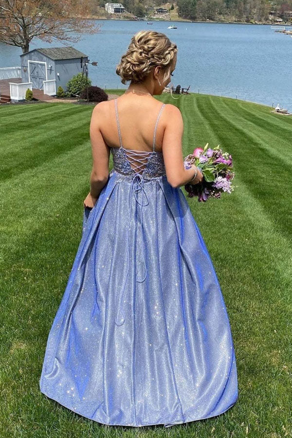 Shiny Blue A-line Sweetheart Lace Long Prom Dress, MP898 | Musebridals Shiny Blue A-line Sweetheart Lace Long Prom Dress, MP898 | Musebridals