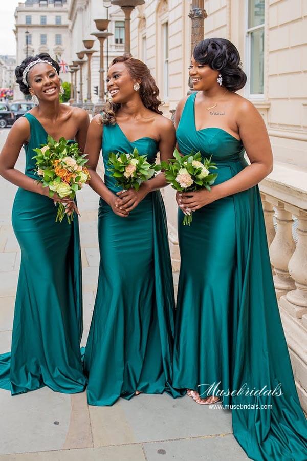 Silk Satin One Shoulder Long Bridesmaid Dresses, MBD215