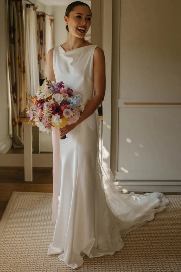 Silk Satin Boat Neck Rustic Wedding Dresses, MW1167