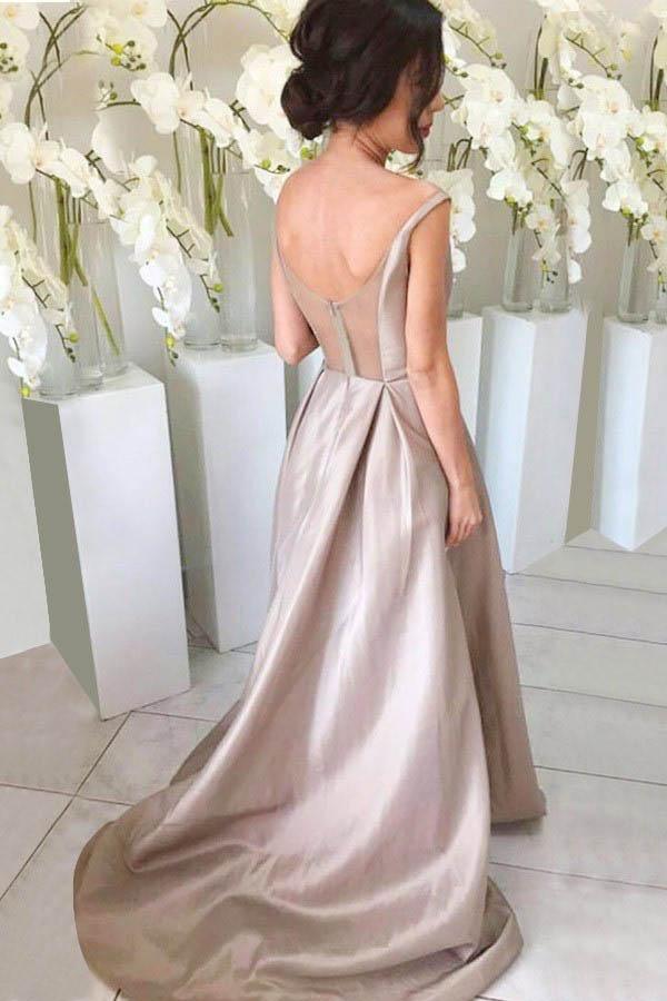 Silver Simple A-line V-neck High Low Sweep Train Bridesmaid Dresses, MBD220 | budget bridesmaid dresses | junior bridesmaid dresses | maid of honor's dress | musebridals.com