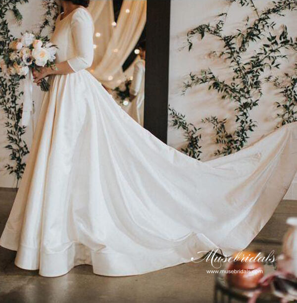 Simple 3/4 Sleeves Backless Modest Wedding Dress, MW972