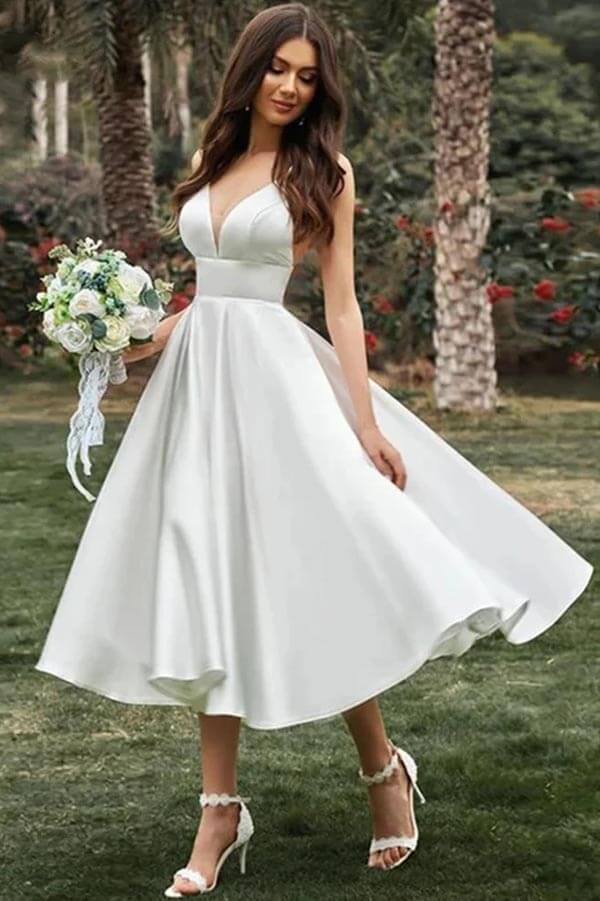 Simple A-line Spaghetti Straps Tea Length Wedding Dress, Bridal Gown, MW916 | simple wedding dress | wedding dresses near me | cheap wedding dress | musebridals.com