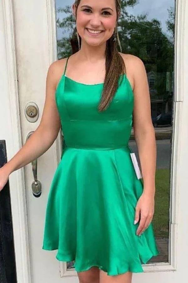 Simple Green Silk Satin A-line Spaghetti Straps Short Homecoming Dresses, MH619 | cheap homecoming dresses | sweet 16 dresses | short prom dress | musebridals.com