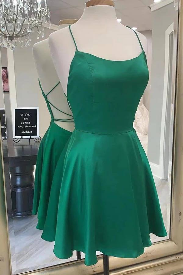 Simple Green Silk Satin A-line Spaghetti Straps Short Homecoming Dresses, MH619 | green homecoming dresses | short party dresses | school event dress | musebridals.com