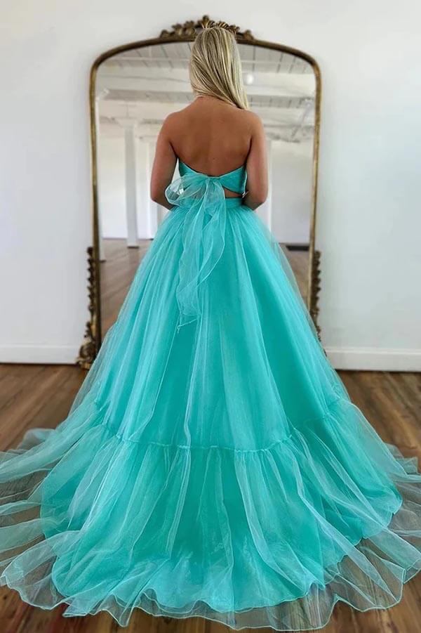 Simple Green Tulle A-line Two Pieces Off-the-Shoulder Prom Dresses, MP856 | two piece prom dress | prom dresses online | new arrivals prom dress | musebridals.com
