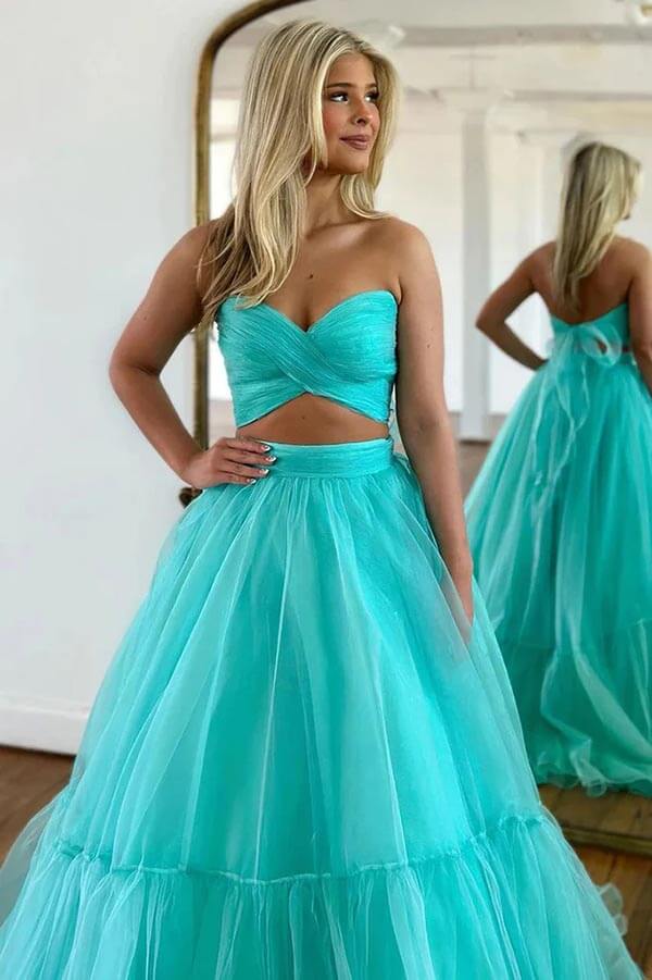 Simple Green Tulle A-line Two Pieces Off-the-Shoulder Prom Dresses, MP856 | evening long dress | evening dresses | prom dress stores | musebridals.com