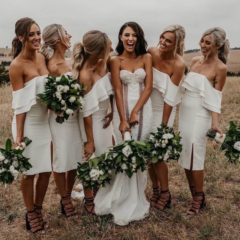 Ivory Satin Off Shoulder Short Bridesmaid Dress, MBD256 | Musebridals Ivory Satin Off Shoulder Short Bridesmaid Dress, MBD256 | Musebridals