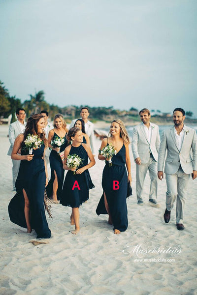 Navy A-line Spaghetti Straps Bridesmaid Dresses, MBD279