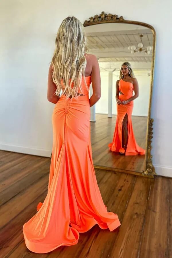 Simple Orange Mermaid One Shoulder Prom Dresses With Slit, Party Dress, MP853 | cheap long prom dress | mermaid prom dress | long formal dress | musebridals.com