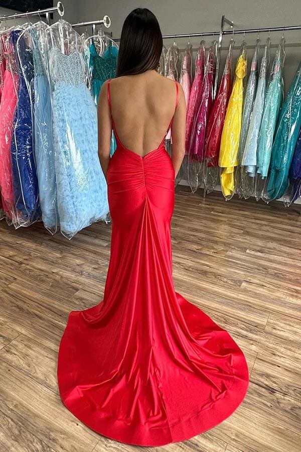 Simple Red Satin Mermaid V-neck Prom Dresses With Slit, Party Dresses, MP867 | mermaid prom dresses | long formal dress | evening gown | musebridals.com