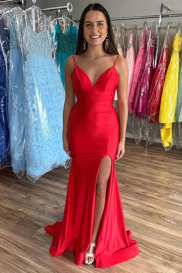 Simple Red Satin Mermaid V-neck Prom Dresses With Slit, Party Dresses, MP867 | red prom dress | long prom dress | simple prom dress | musebridals.com
