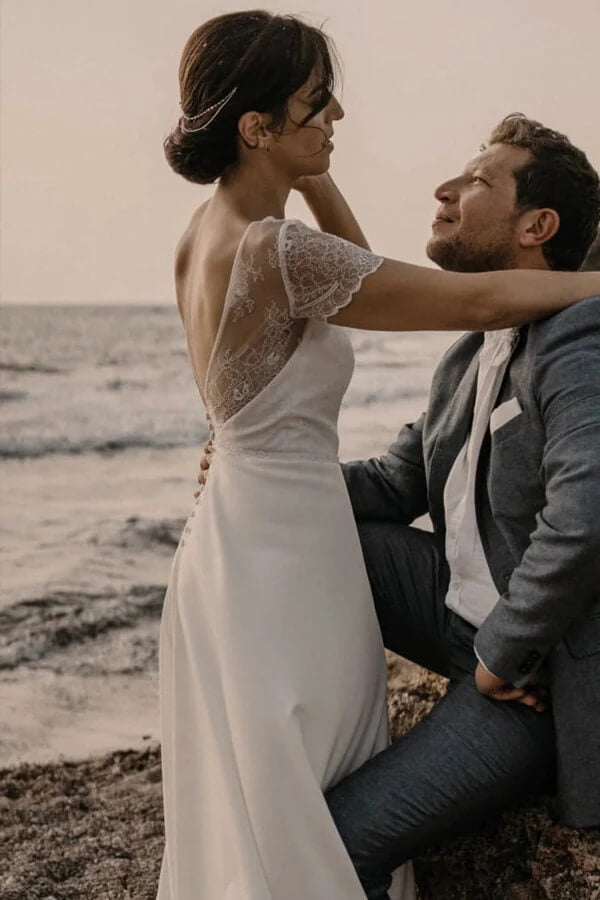 Satin Scoop Modest Beach Wedding Dresses, MW1155
