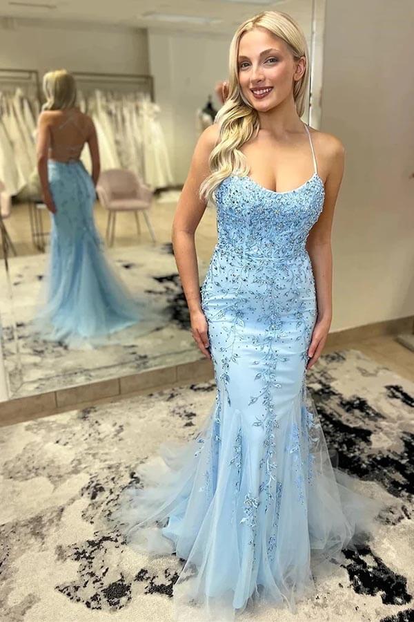 Sky Blue Tulle Mermaid Spaghetti Straps Long Prom Dresses With Lace, MP862 | cheap prom dresses | long prom dress | evening dress | musebridals.com