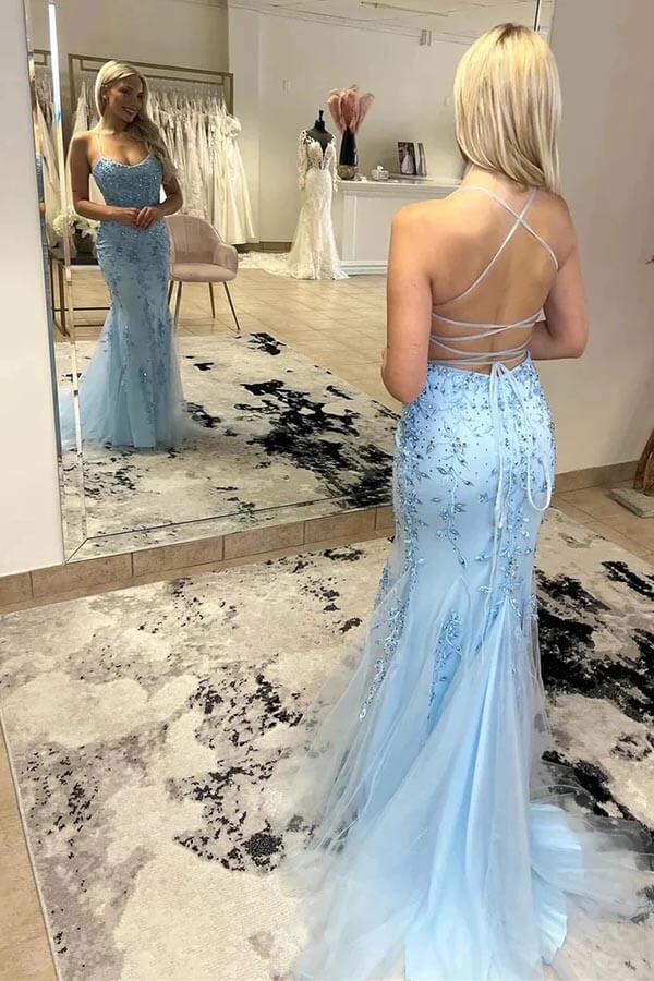 Sky Blue Tulle Mermaid Spaghetti Straps Long Prom Dresses With Lace, MP862 | blue prom dresses | mermaid lace prom dresses | party dresses | musebridals.com