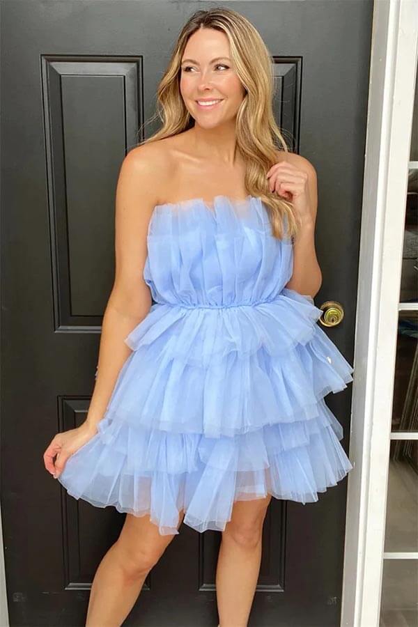 Sky Blue Tulle Tiered A-line Strapless Short Homecoming Dress, Party Dress, MH593 | cheap homecoming dresses | simple homecoming dress | short party dress | musebridals.com