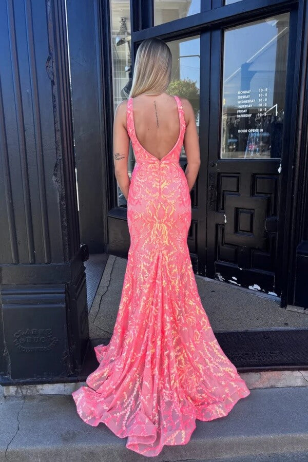 Sparkly Coral Sequin Lace Mermaid Prom Dress, MP1105