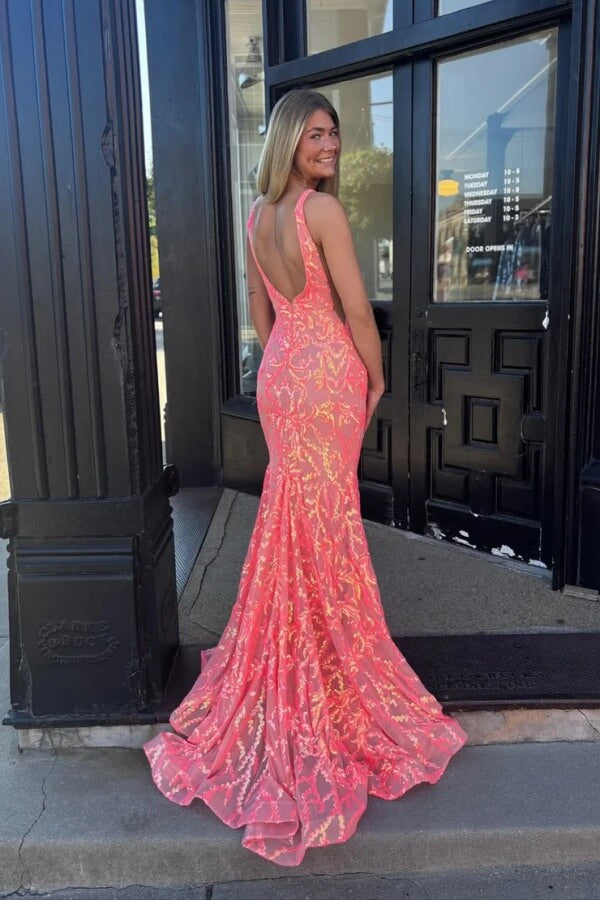 Sparkly Coral Sequin Lace Mermaid Prom Dress, MP1105