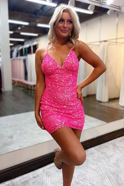 Sparkly Hot Pink Sequins Homecoming Dresses, MH643