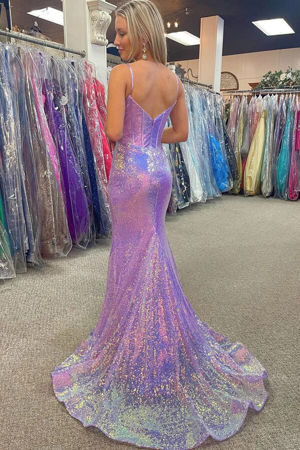 Sparkly Mermaid Spaghetti Straps V-neck Long Prom Dresses With Train, MP860