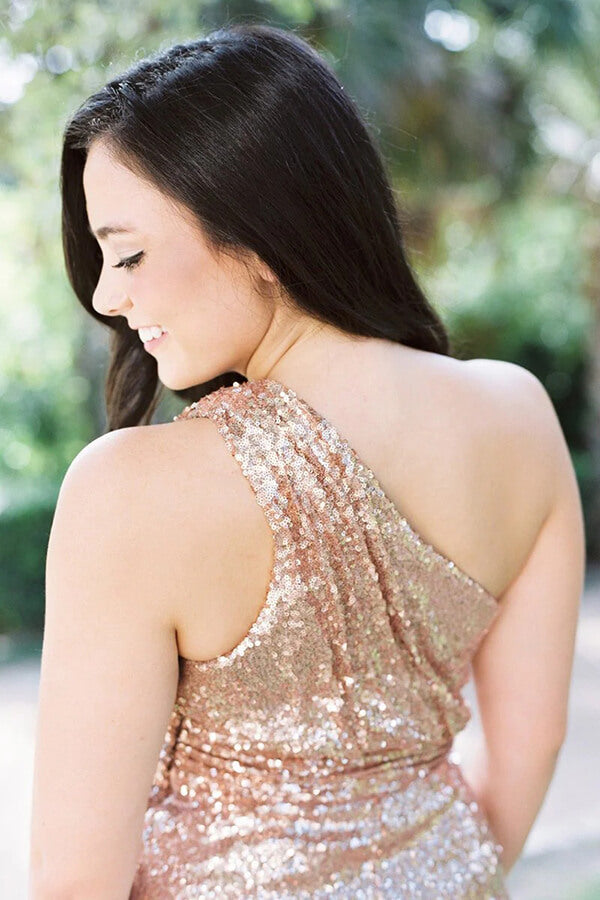 Gold Sequins One Shoulder Bridesmaid Dresses, MBD189 | Musebridals Gold Sequins One Shoulder Bridesmaid Dresses, MBD189 | Musebridals