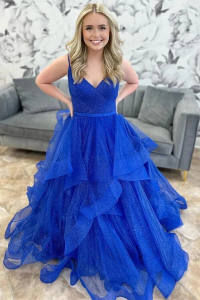 Sparkly Royal Blue Tulle A-line V-neck Prom Dress, MP911