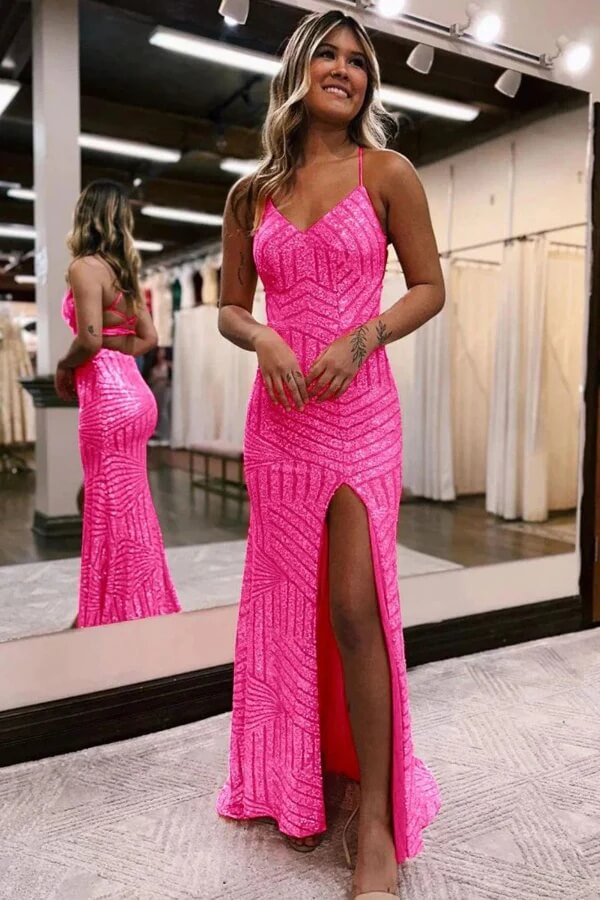 Sequins Orange Spaghetti Straps Long Prom Dresses, MP997 | Musebridals Sequins Orange Spaghetti Straps Long Prom Dresses, MP997 | Musebridals