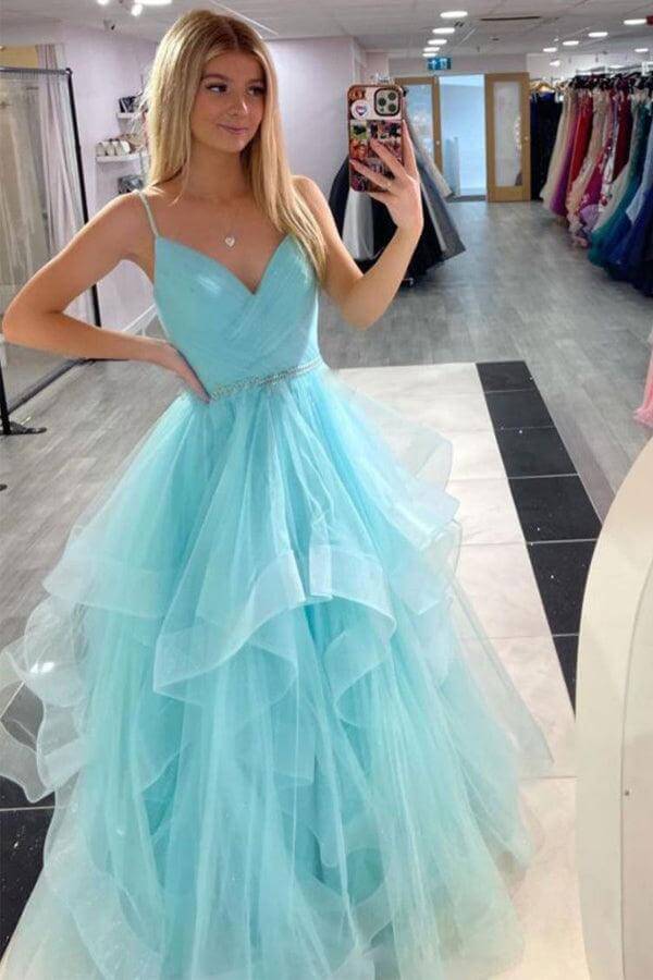 Sparkly Tulle A-line V-neck Spaghetti Straps Prom Dress, Evening Gown, MP875 | blue prom dress | cheap long prom dresses | party dress | musebridals.com