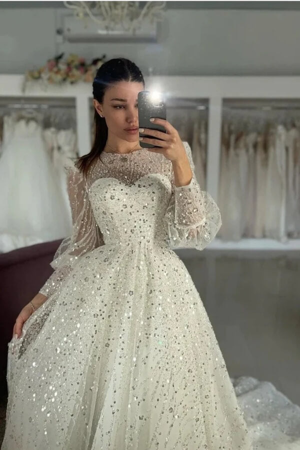 fitted lace wedding dress Sparkly Tulle Princess A Line Sequined Long Sleeve Wedding Dresses, MW1186 fitted lace wedding dress Sparkly Tulle Princess A Line Sequined Long Sleeve Wedding Dresses, MW1186