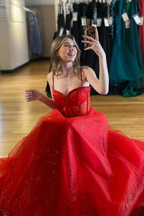 Sparkly Tulle Red Spaghetti Straps A-line Beaded Prom Dresses With Slit, MP894 | shiny prom dress | evening gown | new arrival prom dress | musebridals.com