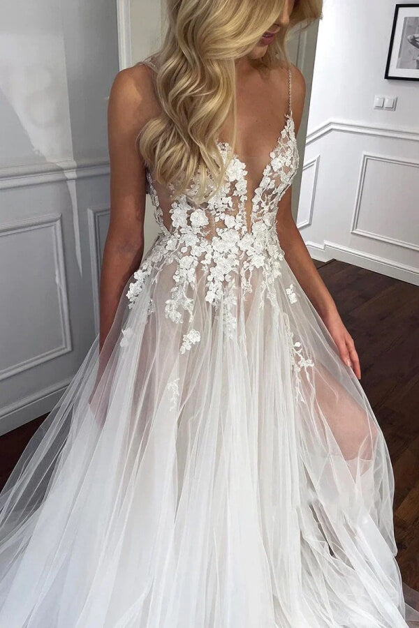 Stunning Flower Lace See-through V Neck Boho Wedding Dresses, MW1094