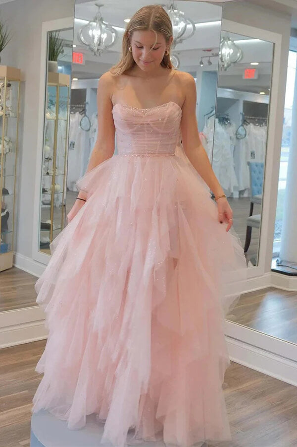 Tulle Strapless A Line Pink Ruffles Prom Dress Tulle Strapless A Line Pink Ruffles Prom Dress