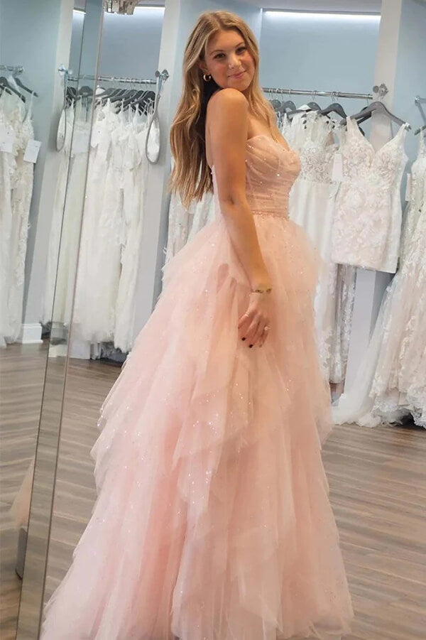 Stunning Light Pink Tulle A-line Strapless Prom Dress, Evening Dresses, MP885 | cheap prom dress | prom dress stores | beaded prom dress | musebridals.com