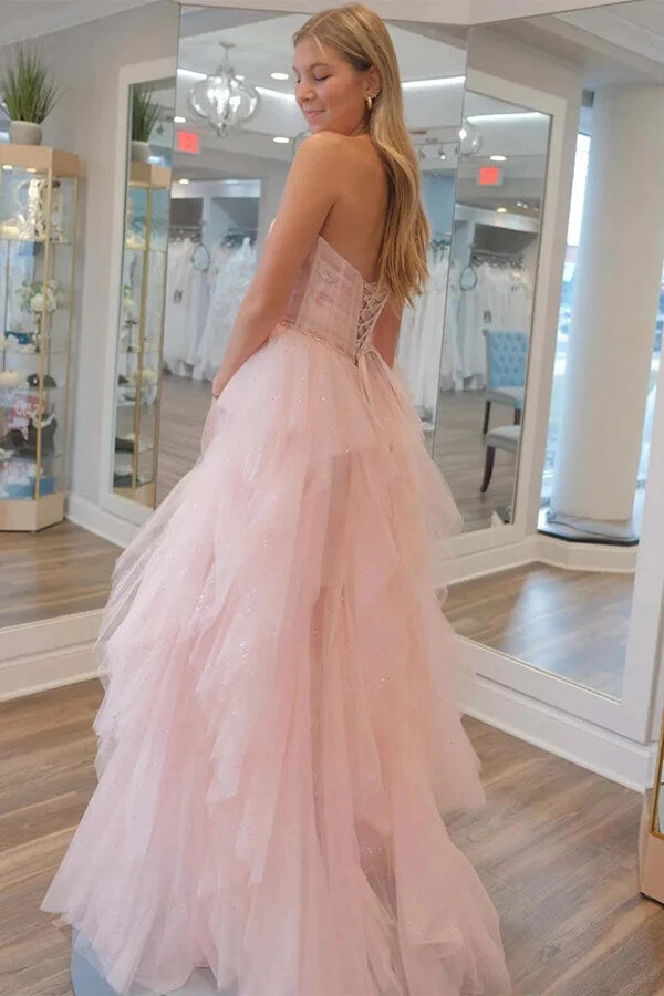 Stunning Light Pink Tulle A-line Strapless Prom Dress, Evening Dresses, MP885 | long formal dress | tulle prom dress | shiny prom dress | musebridals.com