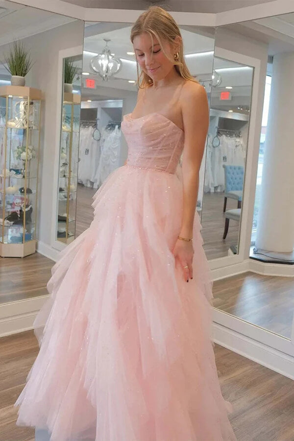 Stunning Light Pink Tulle A-line Strapless Prom Dress, Evening Dresses, MP885 | simple prom dress | prom dress for girls | evening gown | musebridals.com