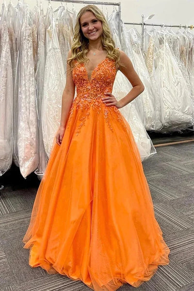 Orange Tulle A-line V-neck Lace Appliques Prom Dresses, Evening Gown, MP827 Orange Tulle A-line V-neck Lace Appliques Prom Dresses, Evening Gown, MP827