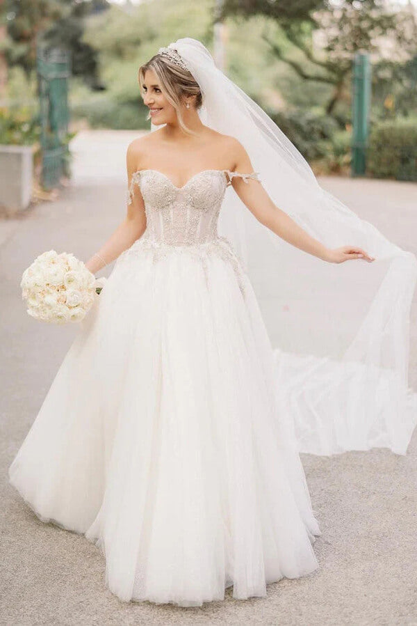 Tulle A-line Beaded Sweetheart Neck Wedding Dress MW911