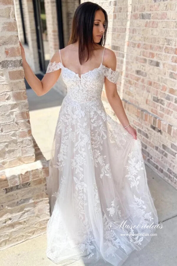 Tulle A-line Cold-Shoulder Lace Wedding Dresses, MW1057