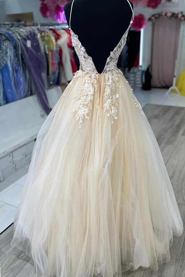 Tulle A-line Spaghetti Straps Long Prom Dresses With Lace Appliques, MP881 | cheap long prom dress | champagne prom dresses | long formal dress | musebridals.com