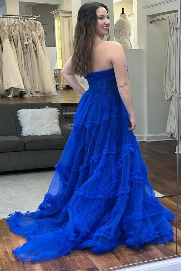 royal blue strapless prom dresses Tulle A-line Ruffles Prom Dress With Puff Sleeves, MP990
