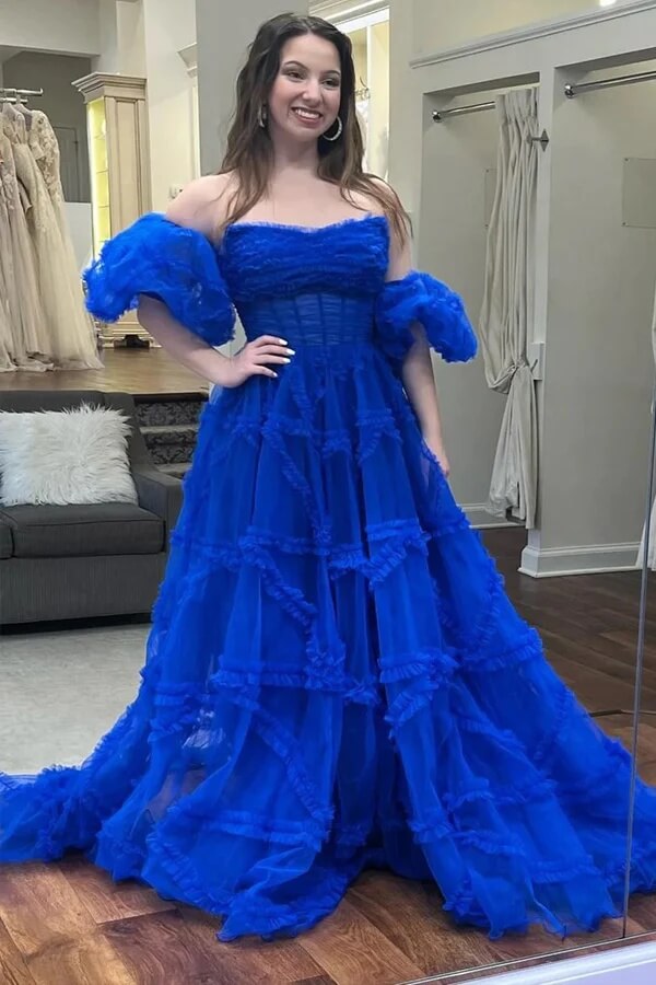 Tulle A-line Ruffles Prom Dress With Puff Sleeves, MP990 | Musebridals Tulle A-line Ruffles Prom Dress With Puff Sleeves, MP990 | Musebridals