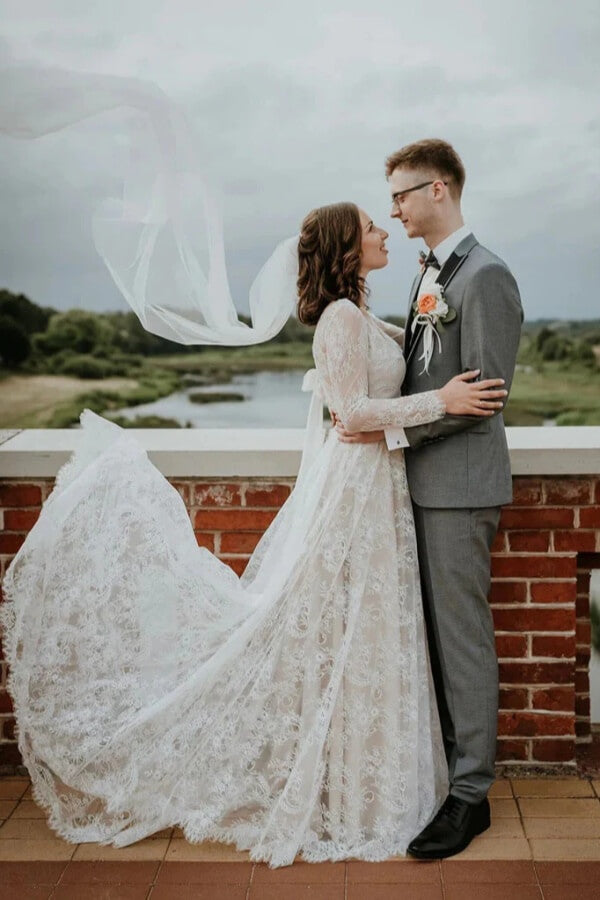 Tulle A-line Lace Long Sleeves Wedding Dresses, MW1059