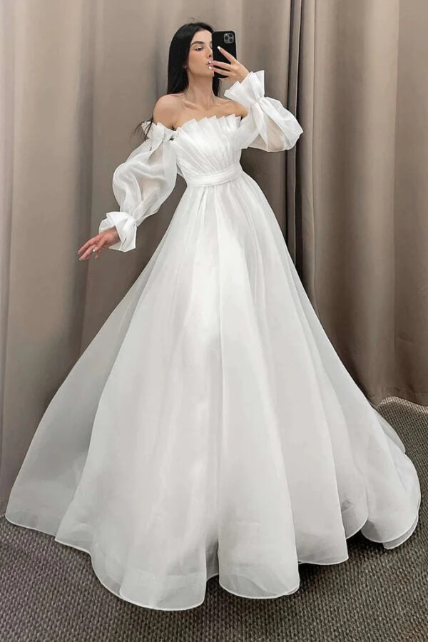 Tulle Strapless Puff Sleeves Wedding Dresses, MW1119