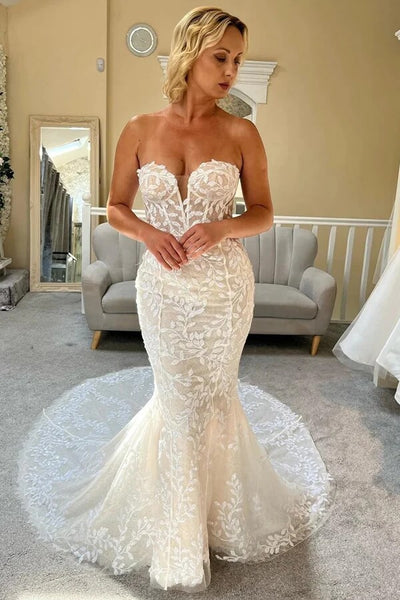 Tulle Mermaid Strapless Lace Wedding Dresses, MW1000