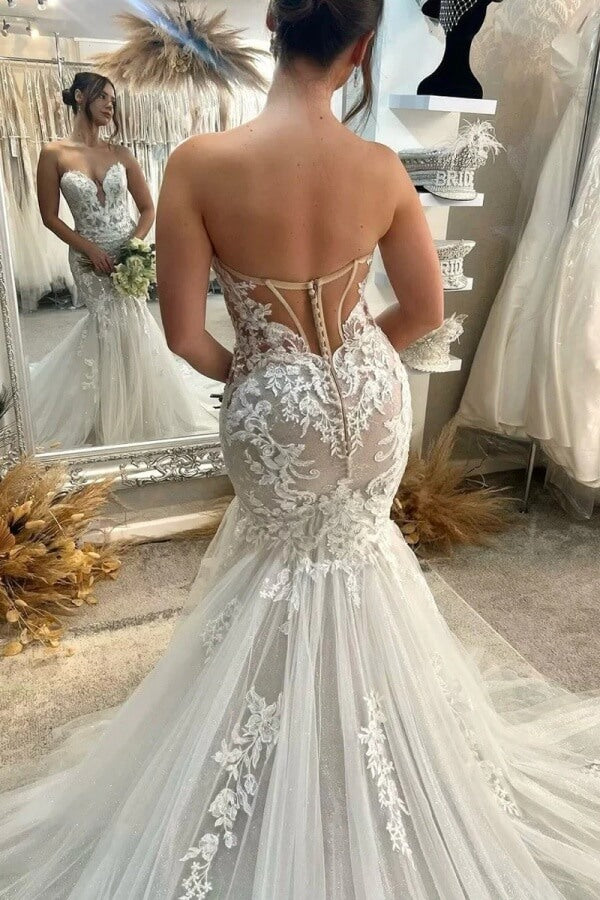 sweetheart strapless mermaid wedding dress Strapless Sweetheart Mermaid Wedding Dress with Asymmetrical Lace