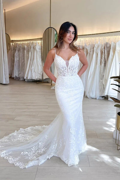 Tulle Mermaid V-neck Lace Appliques Wedding Dresses, Bridal Gown, MW927 Tulle Mermaid V-neck Lace Appliques Wedding Dresses, Bridal Gown, MW927