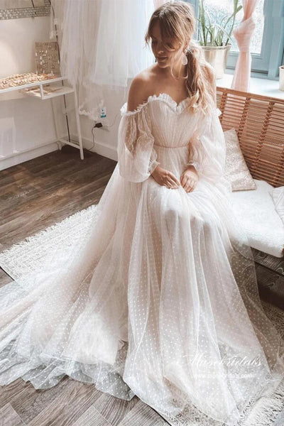polka dot boho wedding dress Tulle Dots Off Shoulder Dress, MW1051 polka dot tulle wedding dress
