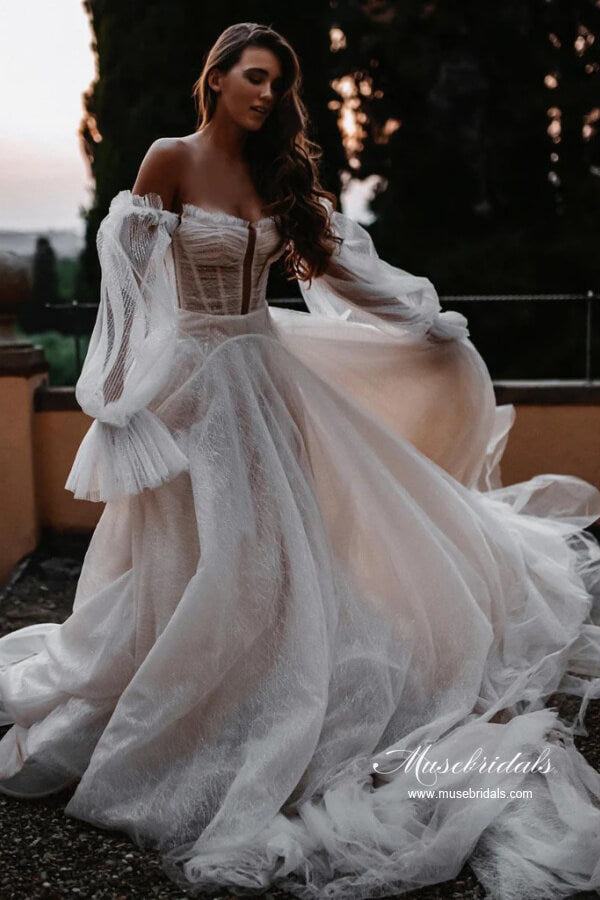 Tulle A-line Sweetheart Lace Long Sleeves Chapel Train Wedding Dresses, MW1048 | new arrival wedding dresses | cheap lace wedding dress | wedding dresses near me | musebridals.com